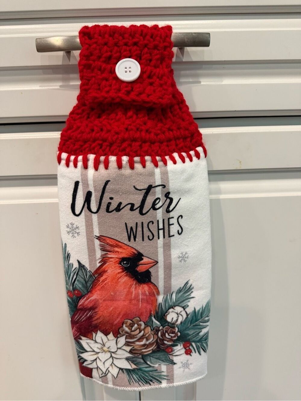 Crochet Top Kitchen Towel- winter wishes (bird)